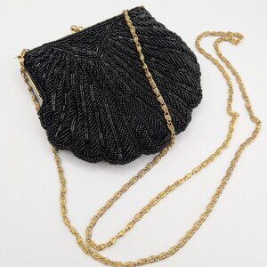 Vintage 1990s Black Beaded Clam Shell Clutch Evening Bag Purse with Gold Chain
